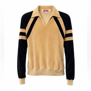 Vintage Velour Collared Pullover Tan Black Retro Lounge Top S